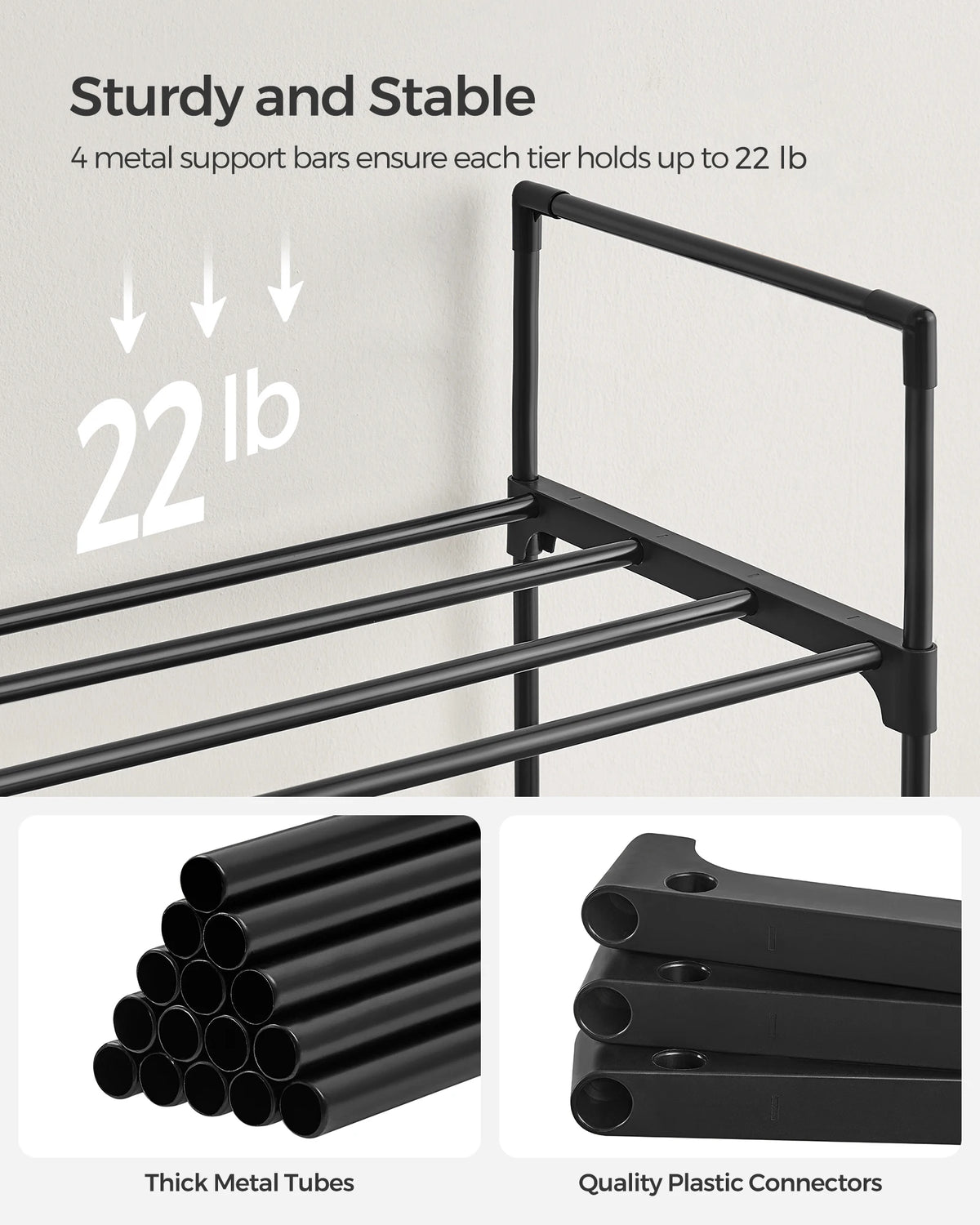 SONGMICS Shoe Rack, 3 Tier Shoe Organizer, Metal Shoe Storage Shelf for 15 Pairs of Shoes, Easy to Assemble, Entryway