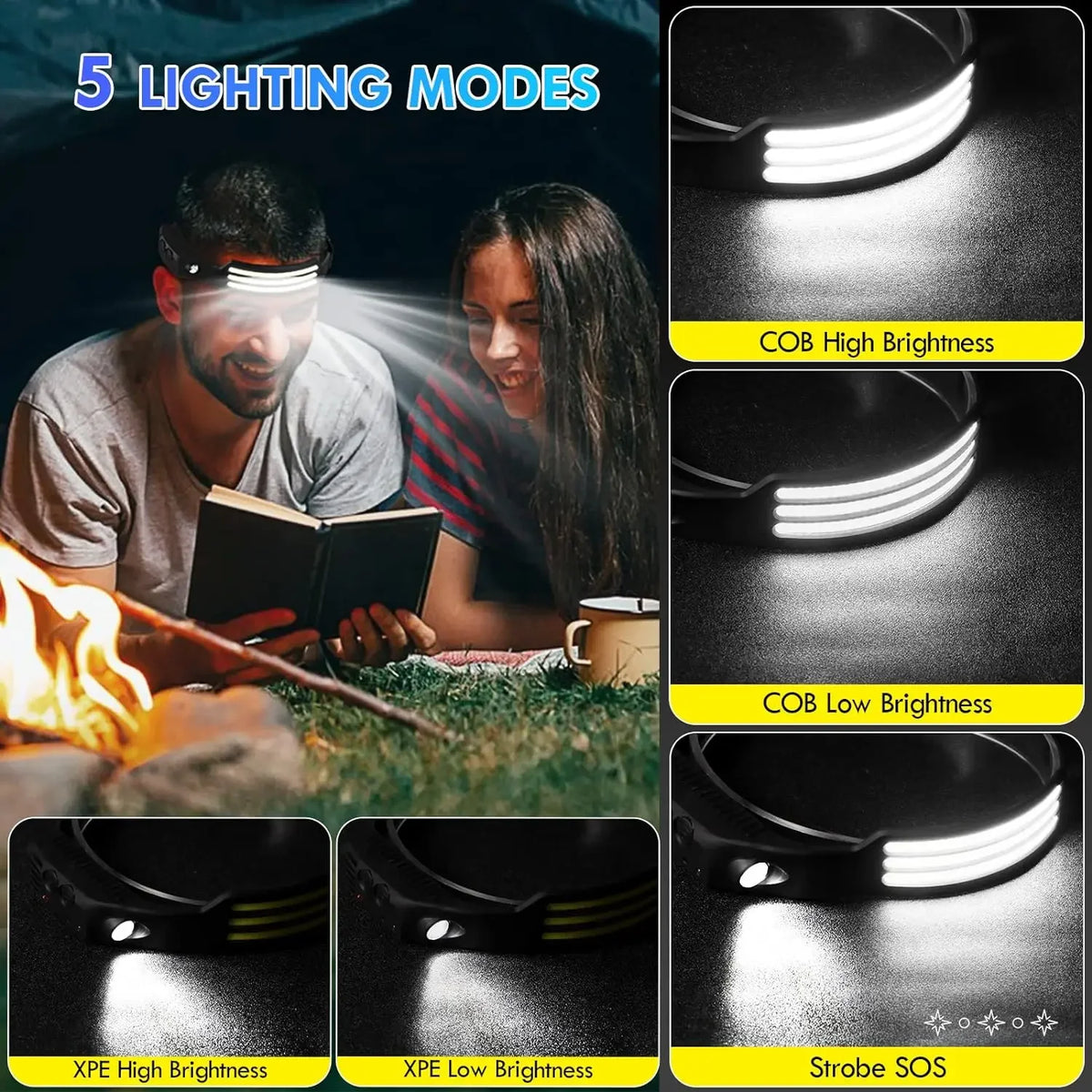 USB Rechargeable Head Flashlight COB LED Headlamp Induction Head Lamp Built-in Battery Outdoor Camping Fishing Sensor Headlight