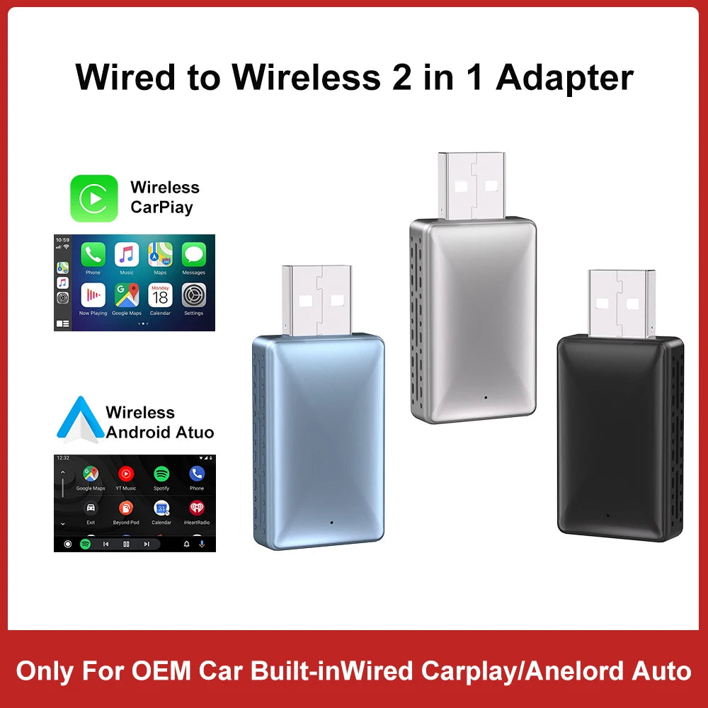 2-in-1 Wireless CarPlay Adapter for iPhone and Android Auto USB Adapter 5.8GHz WiFi automatic connection wired to wireless