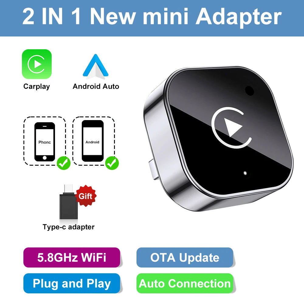 2-in-1 Wireless CarPlay Adapter for iPhone and Android Auto USB Adapter 5.8GHz WiFi automatic connection wired to wireless